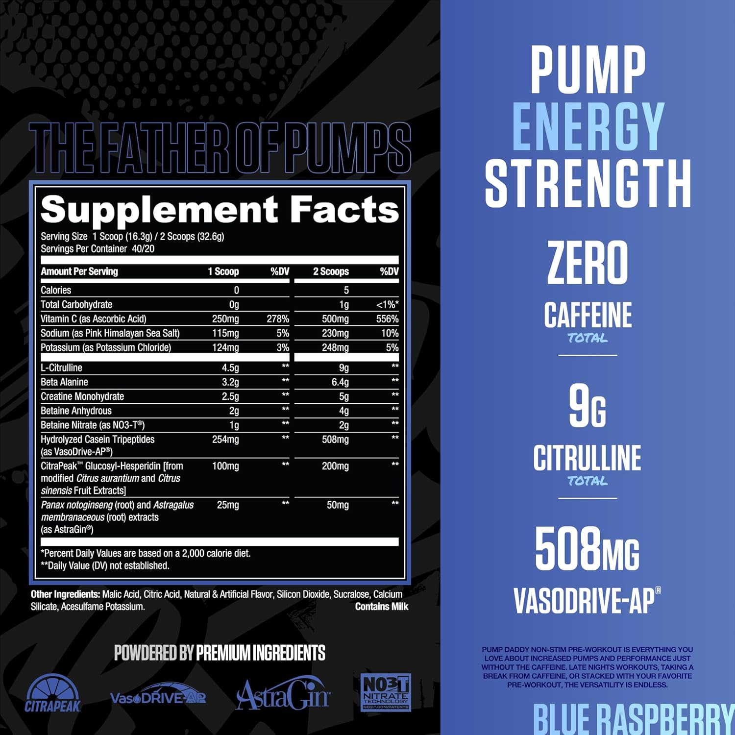 RYSE Pump Daddy V2 Pre Workout Powder - Noel Deyzel Signature - Blue Raspberry - Non-Stim Supplement with Citrulline, Creatine and Beta Alanine for Pumps, Endurance and Strength - 40 Servings