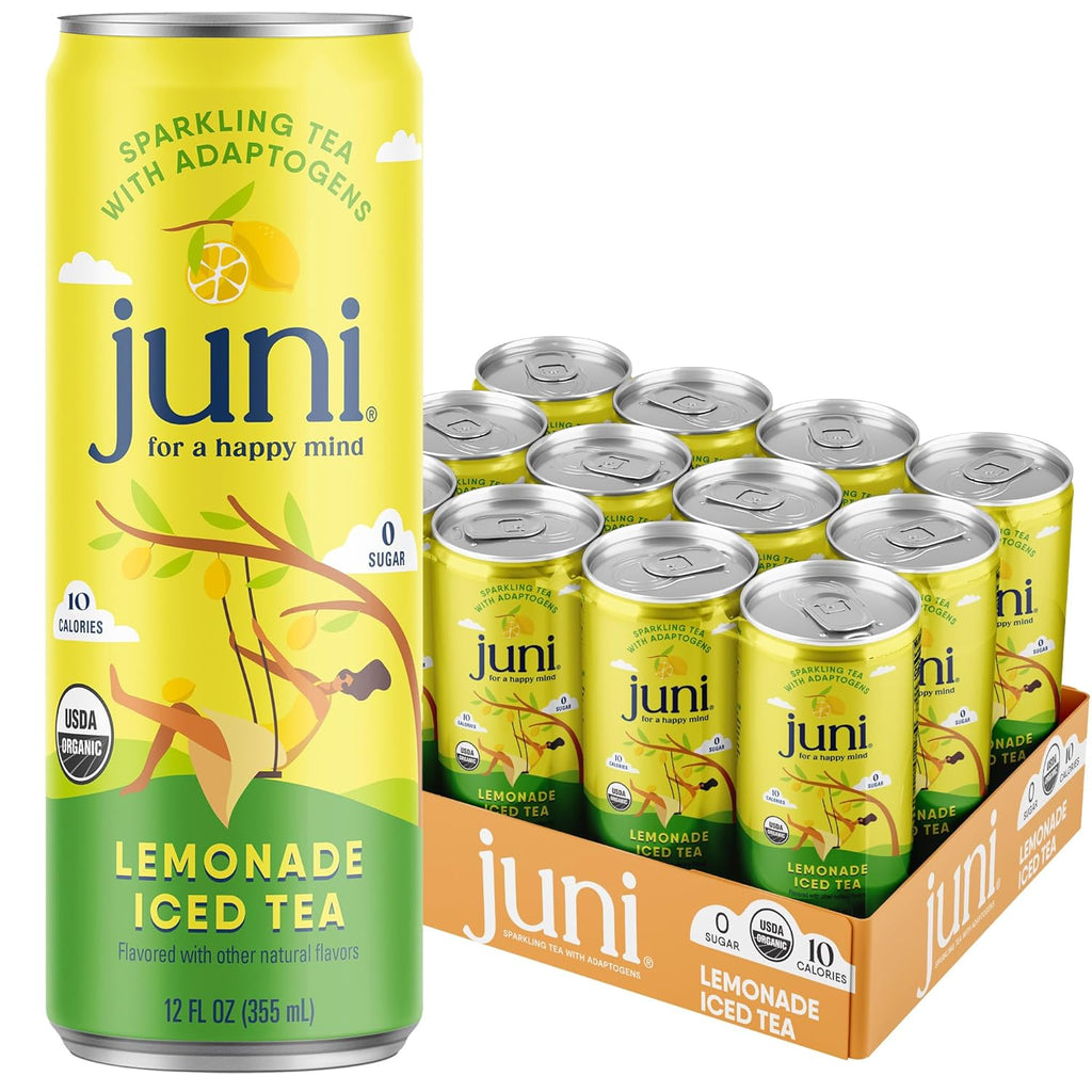 Juni Sparkling Adaptogen Drink with Ashwagandha, Lion’s Mane & Reishi Mushrooms | Green Tea for Focus, Zero Sugar, 10 Calories, Organic | Non Alcoholic Drinks - Lemonade Iced Tea 12 pack