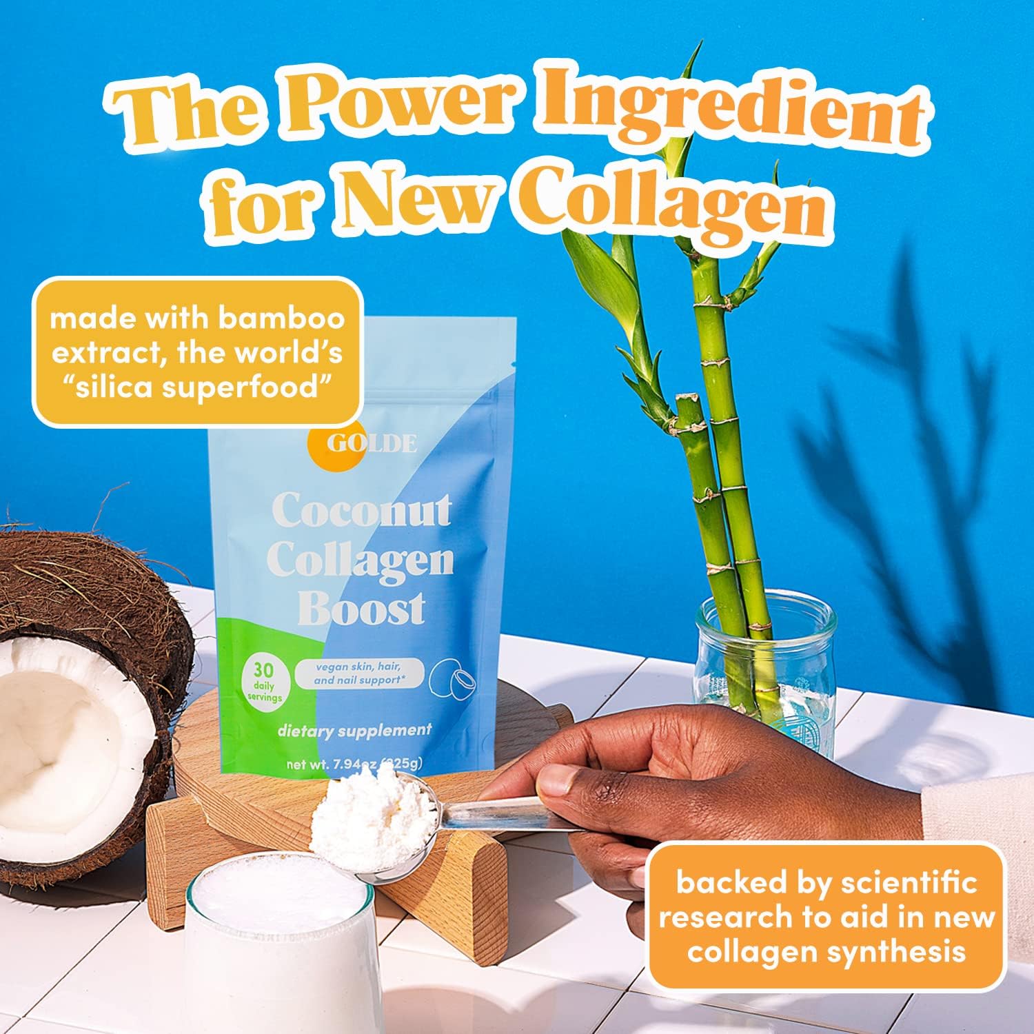 GOLDE - Collagen Boost Vegan Creamer - Vanilla Cream - Plant Based Collagen Supplement w/Hyaluronic Acid, Biotin, & Bamboo Extract - Zero Sugar - Supports Hair, Skin, & Nail Health - 15 Servings