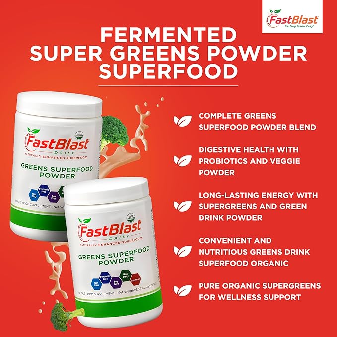 Organic Super Greens Powder with Over 30 Superfoods, Daily Greens Supplements with Probiotics, Fermented Superfood Powder, Low Cal Supergreens for Overall Wellness Meal Replacement - 180g (6.3 oz)