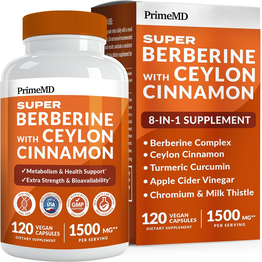 Super Berberine Supplement with Ceylon Cinnamon, BioPerine, Apple Cider, and Turmeric 1500mg - 8-in-1 Dihydroberberine Supplement for Overall Wellness and Balance Support, 120 ct