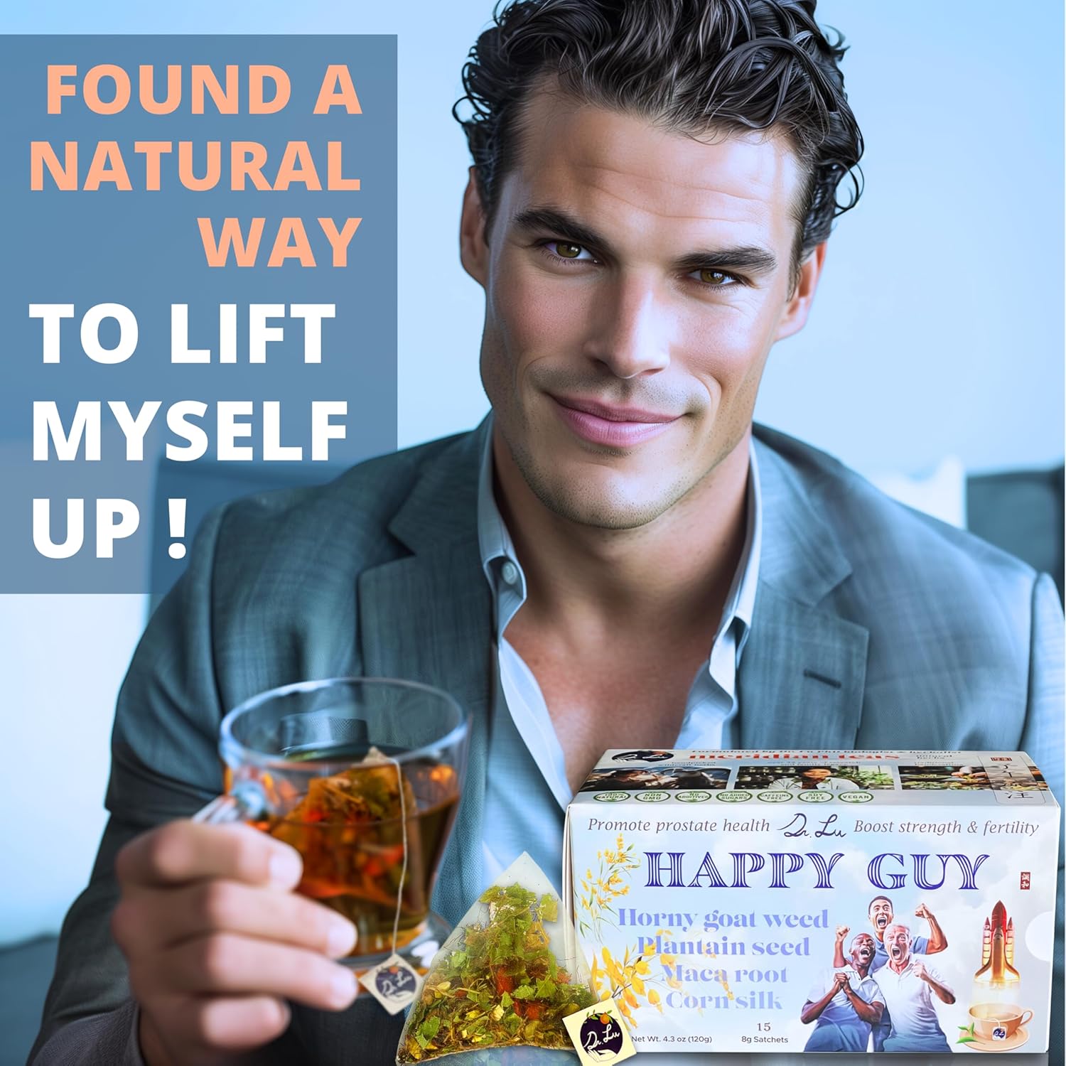 2 Pack of Dr. Lu’s Meridian Tea – Happy Guy | 100% Natural Energy Tea for Men | 11-Herb Blend with Maca, Corn Silk & Hibiscus in Corn Fiber Tea Bags Made in USA