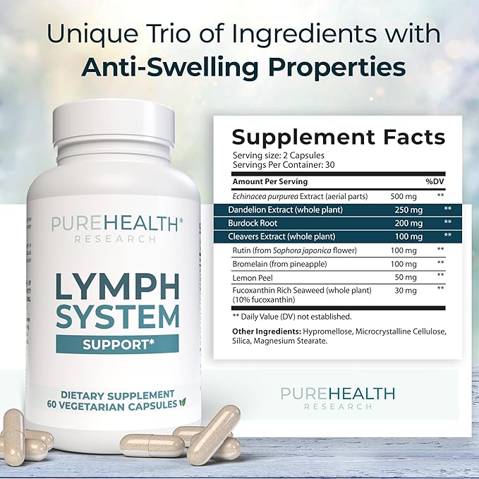 PUREHEALTH RESEARCH Lymph System Support Supplement - Lymphatic Drainage with Dandelion Extract, Cleavers, Burdock Powder Reduce Swelling and Cleanse 3 Bottles Brown 180 Count