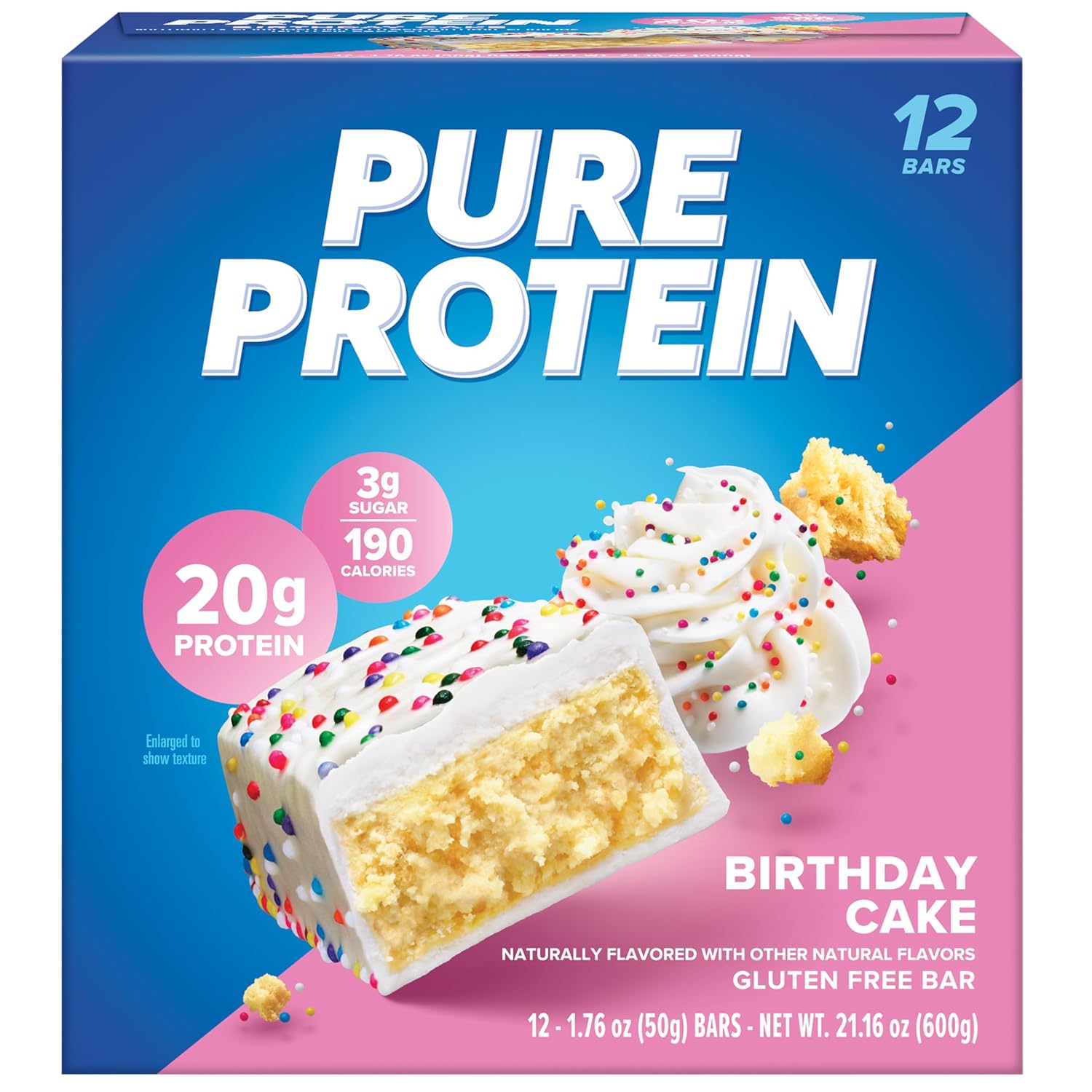 Pure Protein Bars, High Protein, Nutritious Snacks to Support Energy, Low Sugar, Gluten Free, Birthday Cake, 1.76 oz, Pack of 12 (Packaging May Vary)