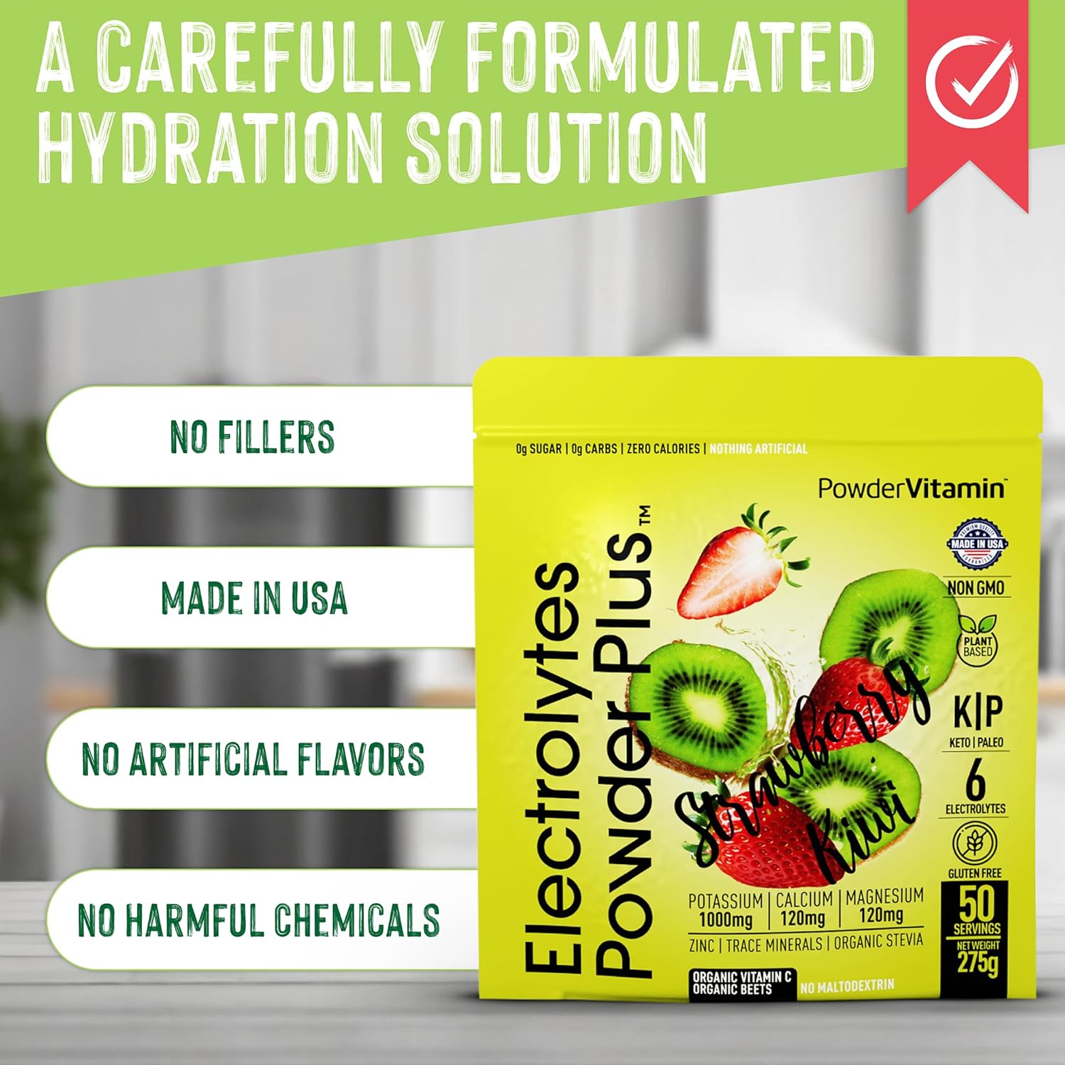 Electrolytes Powder Plus (50 Servings), 0 Calorie Keto, 0 Sugar, No Maltodextrin,1000mg Potassium,120mg Calcium,120mg Magnesium, Hydration Powder (50 Servings, Strawberry Kiwi)
