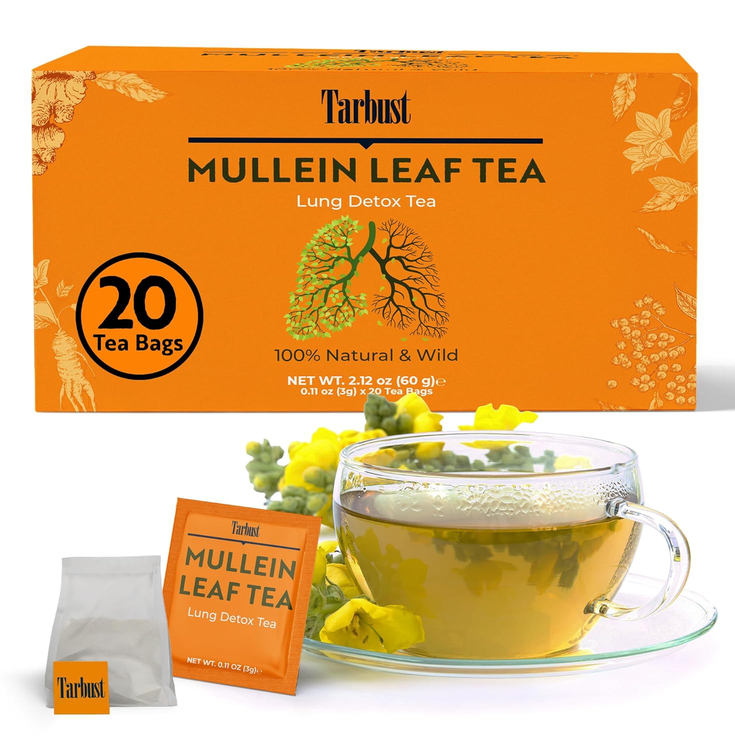 Tarbust Mullein Tea for Lungs Detox,20 Tea Bags, Organic Mullein Leaf Extract for Lungs Cleanse, Herbal Tea Bags for Smokers, Caffeine-Free Lung Detox for Smokers, Better Lungs Respiratory Support
