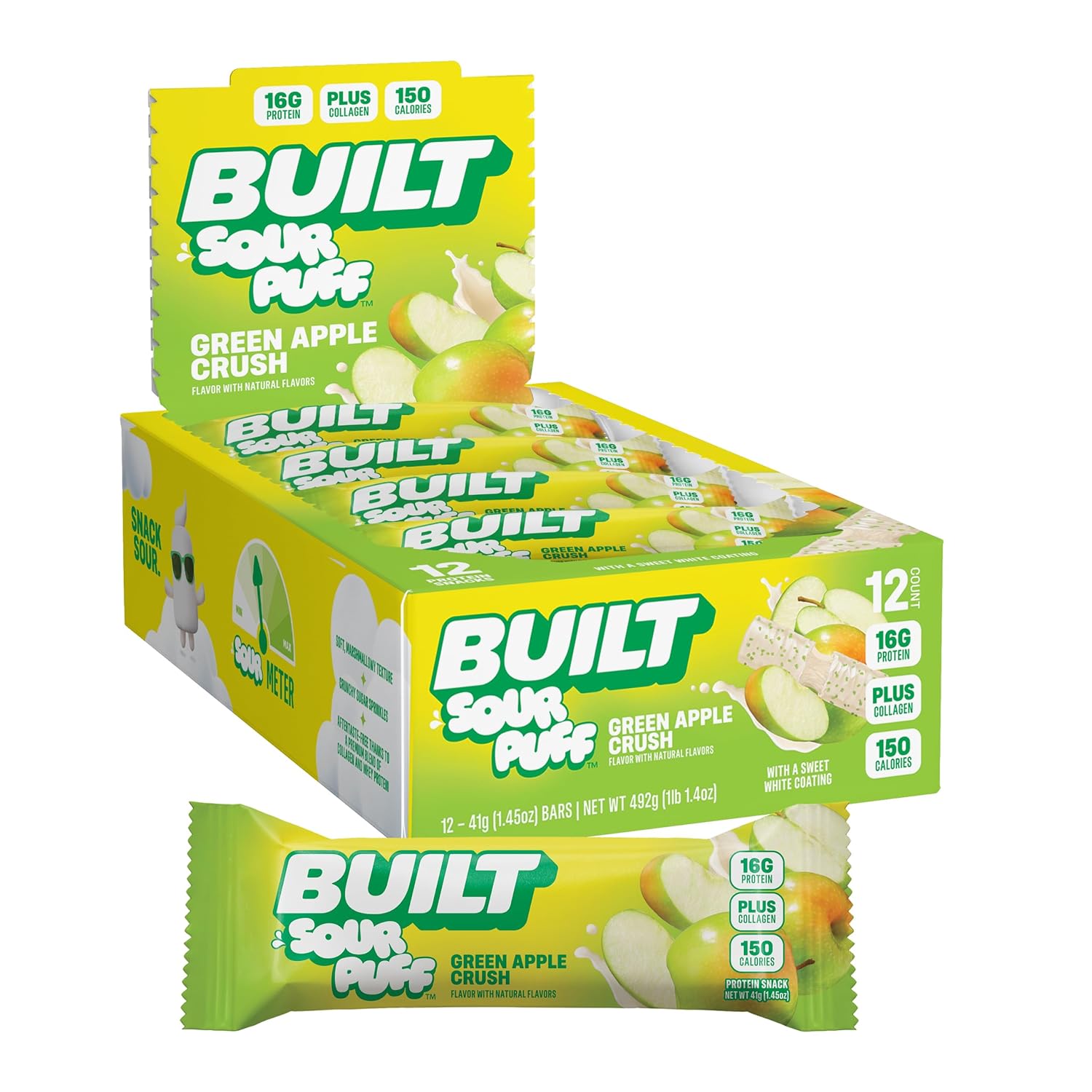 Built Bar, Sour Puff Protein Bars, Green Apple Crush, Collagen, On-the-go Snacks, Sour Candy Snack, 12 Pack