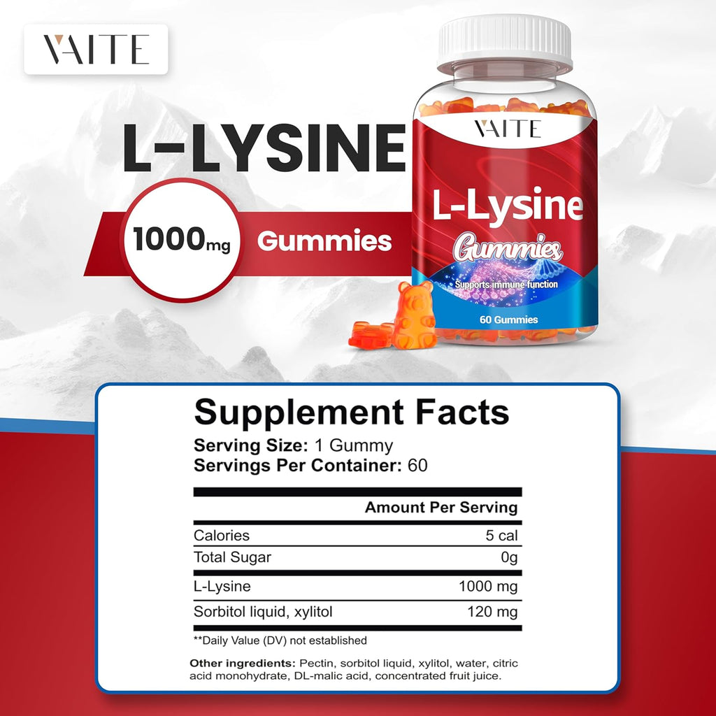 L-Lysine 1000mg Gummies - Supports Skin, Lip, Vegan, Gluten Free, 60 Chewable Lysine for Adults, Vitamins Tissue Health & Immune System, Amino Acid Vitamin Supplement & Complex Supplements (2 Pack)