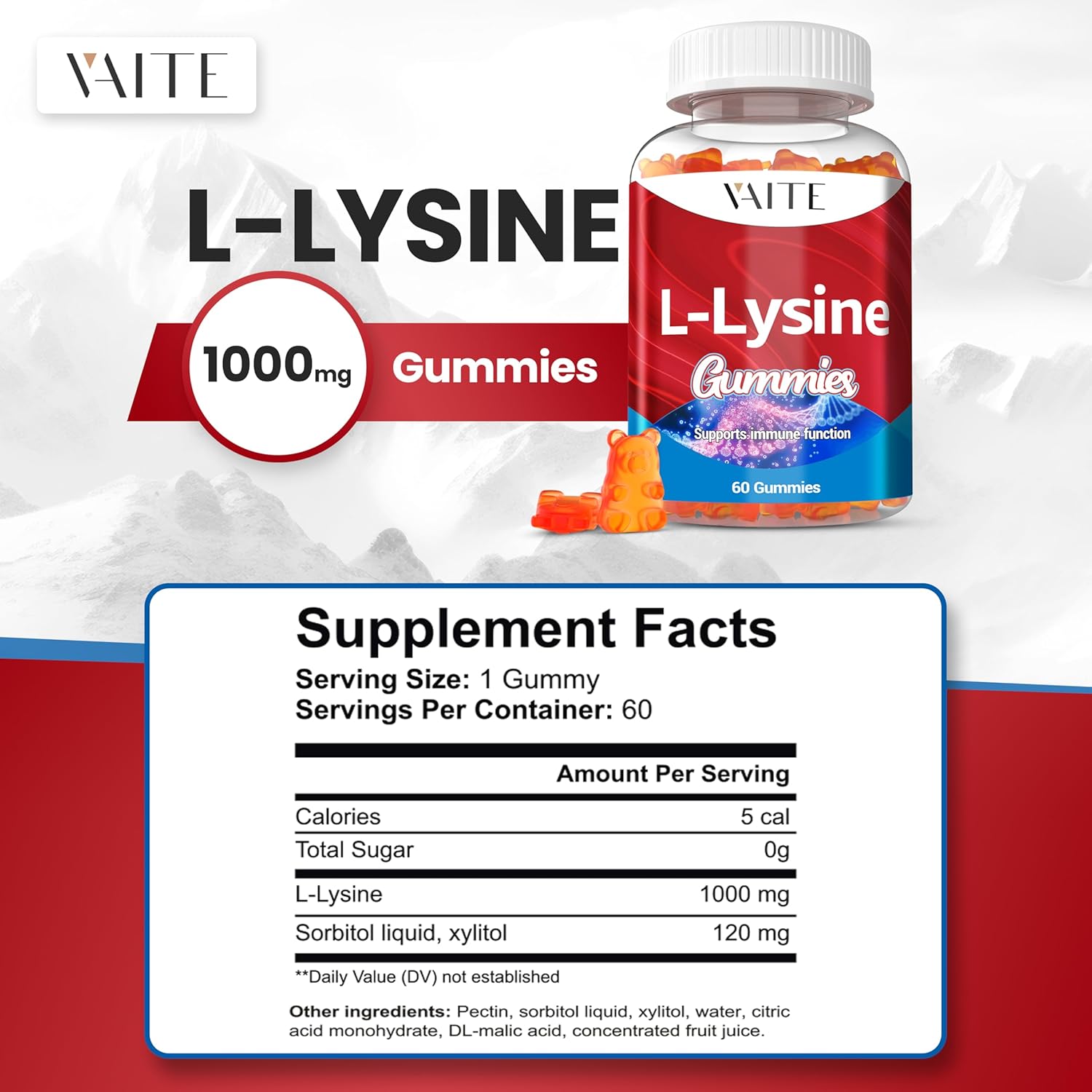 L-Lysine 1000mg Gummies - Supports Skin, Lip, Vegan, Gluten Free, 60 Chewable Lysine for Adults, Vitamins Tissue Health & Immune System, Amino Acid Vitamin Supplement & Complex Supplements (2 Pack)