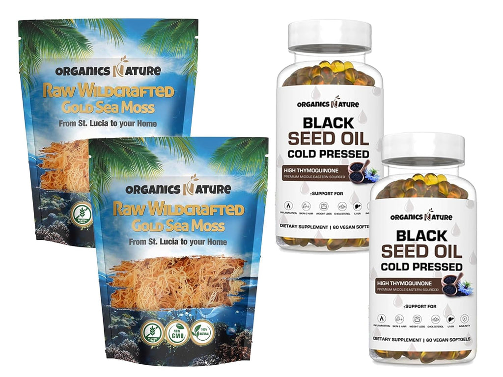 ORGANICS NATURE Dried Sea Moss Wildcrafted (2 Bags) & Black Seed Oil Capsules (2 Bottles) | Raw Gluten-Free, for Lung Detox, Immune System Support | Softgels, for Hair, Skin, Heart, Nigella Sativa