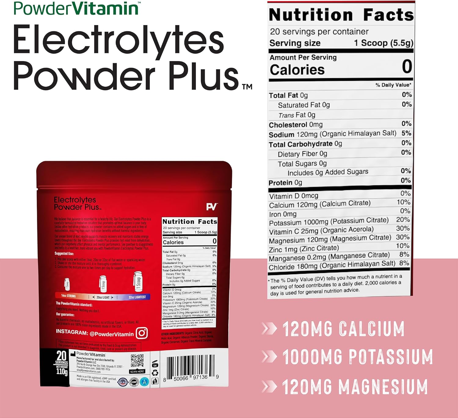 PowderVitamin Electrolytes Powder Plus (20 Servings) Hibiscus Electrolyte Powder, No Maltodextrin, Keto,Sugar Free,Pink Himalayan Salt,1000mg Potassium,120mg Calcium,120mg Magnesium,Hydration Powder