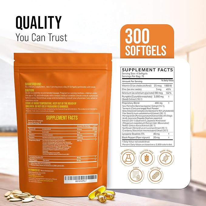 Pumpkin Seed Oil with Saw Palmetto, Turmeric, Nettle & More | 3000mg Per Serving, 300 Softgels | Cold Pressed, Extra Virgin | Prostate Health Supplements for Men | Non-GMO