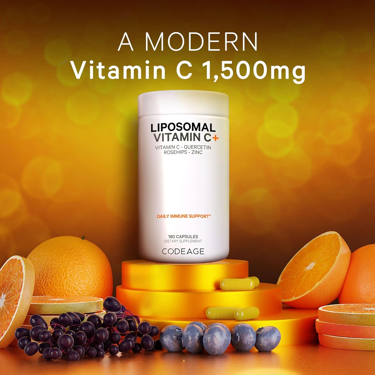 Codeage Liposomal Vitamin C 1500mg with Zinc, Elderberry, Citrus Bioflavonoids Grapefruit, Lemon, Orange Powder, Quercetin & Rose HIPS Fruit – Vegan Supplement - Non-GMO, Vegan Pills - 2 Pack