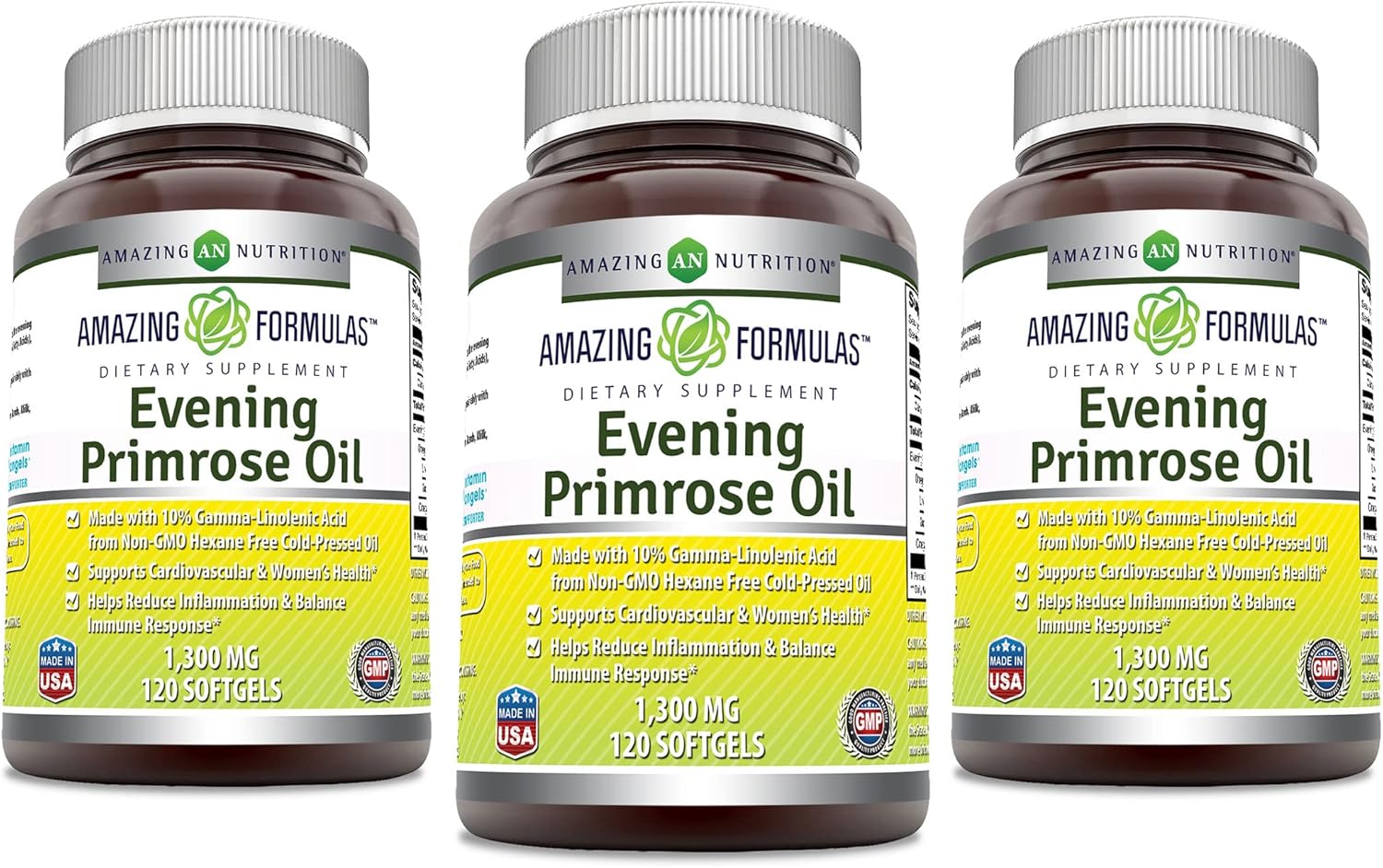 Amazing Formulas Evening Primrose Oil 1300mg, 10% GLA, Softgels Supplement | Hexane Free Cold Pressed Oil | Non-GMO | Gluten Free (120 Count | 3 Pack)