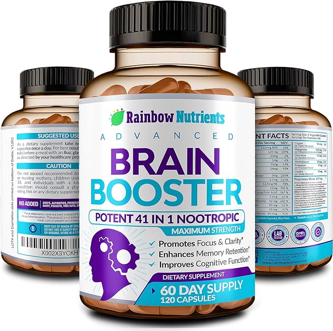 40-in-1 Brain Booster Supplements for Memory, Focus, Clarity, Energy, Performance | Natural Nootropic Brain Support Supplement with DMAE, Bacopa Monnieri & More | for Men & Women | 120 V Capsules