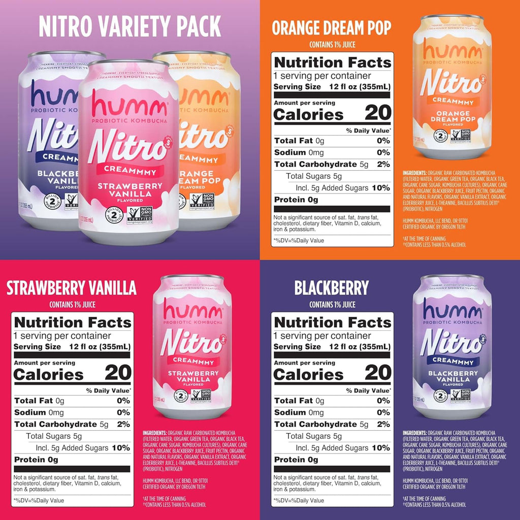 Humm Nitro Kombucha Variety Pack, Creamy Smooth Probiotic Drink with L-Theanine, Includes Blackberry Vanilla, Orange Dream Pop & Strawberry Vanilla, Non-GMO, Vegan, Gluten Free, 12 fl oz (Pack of 24)