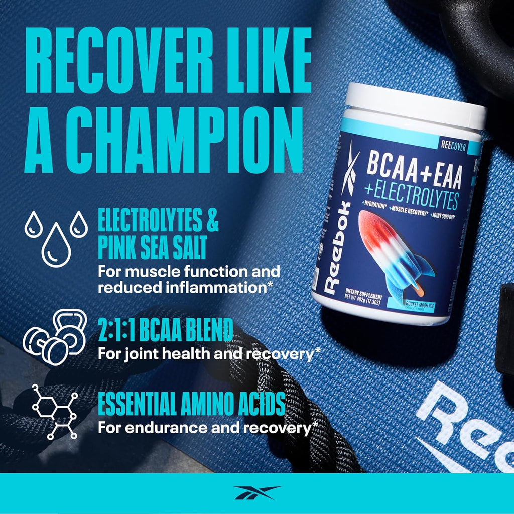 Reebok REECover Amino Acids + Electrolytes | 8g EAAs, 5g BCAAs, Hydration Matrix | Muscle Recovery, Strength | Post-Workout Support | 30 Servings | Rocket Moon Pop
