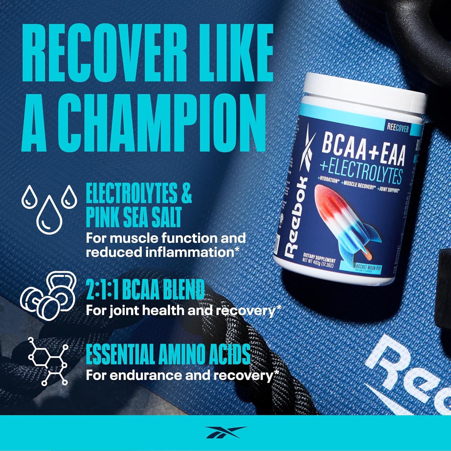Reebok REECover Amino Acids + Electrolytes | 8g EAAs, 5g BCAAs, Hydration Matrix | Muscle Recovery, Strength | Post-Workout Support | 30 Servings | Rocket Moon Pop