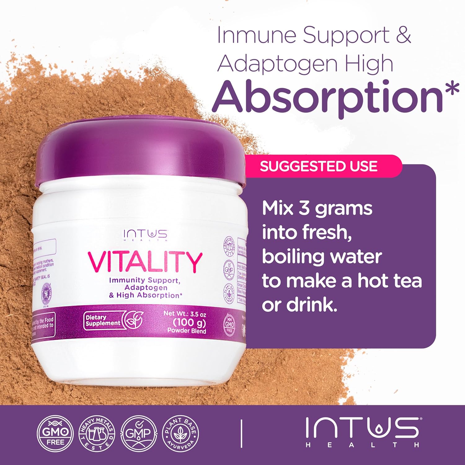 Intus Vitality – Ayurvedic Herbal Blend with Holy Basil, Cinnamon, Black Pepper & Ginger – Adaptogenic and Antioxidant Herbal Supplement for Vitality & Wellness – 3.5 oz
