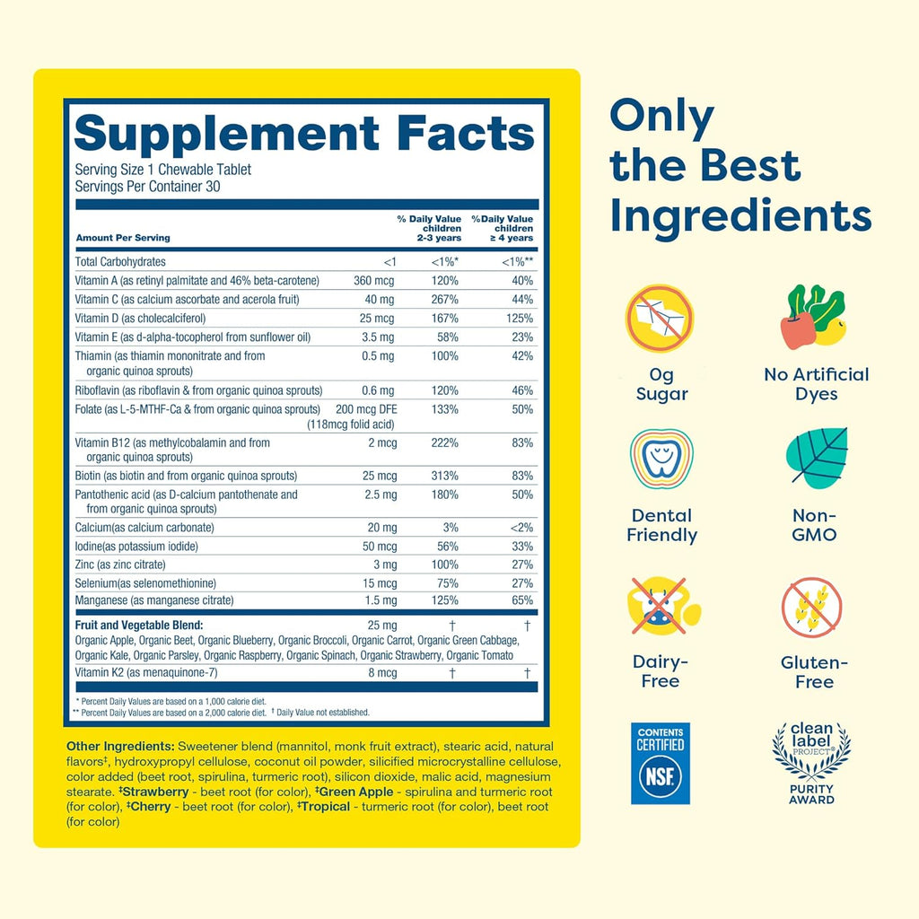 HIYA Kids Multivitamin Tablets – 15+ Essential Vitamins & Minerals with Fruits & Veggies for Ages 2+, Supports Growth, Development & Immune, 0g Sugar – 30 Day Supply for Toddlers & Kids