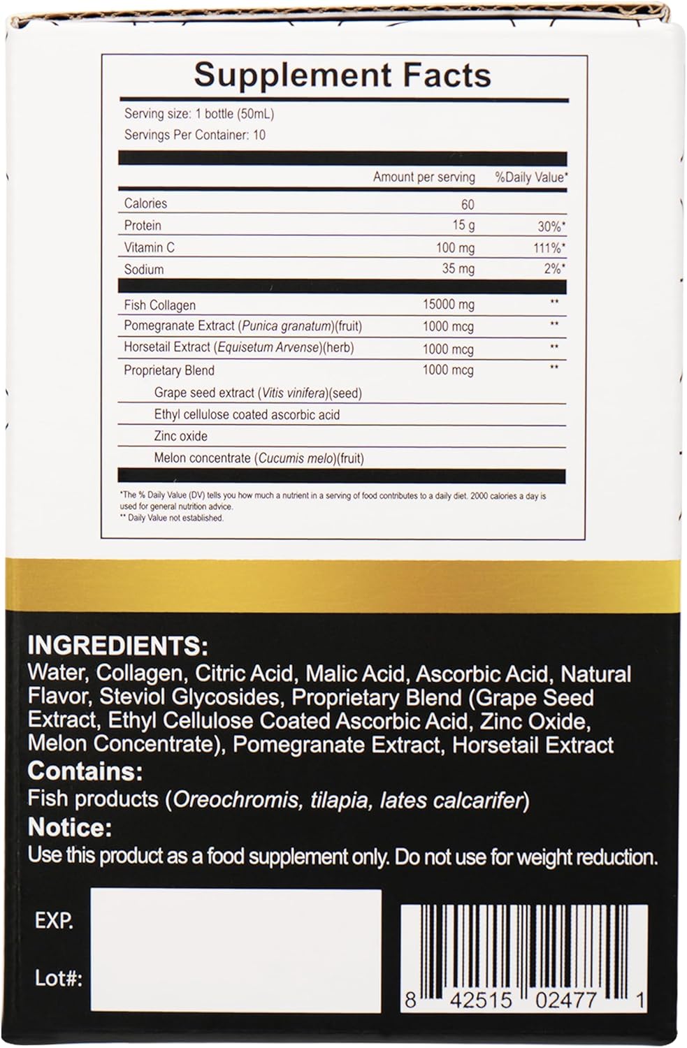 Diamond Liquid Collagen Drink, Gift for Man & Women, 15000 mg Hydrolyzed Marine Collagen Peptides with Vitamin C, Pomegranate, Healthy Hair Skin Nails Joints Bones Support, 50 ml x 10 Bottles
