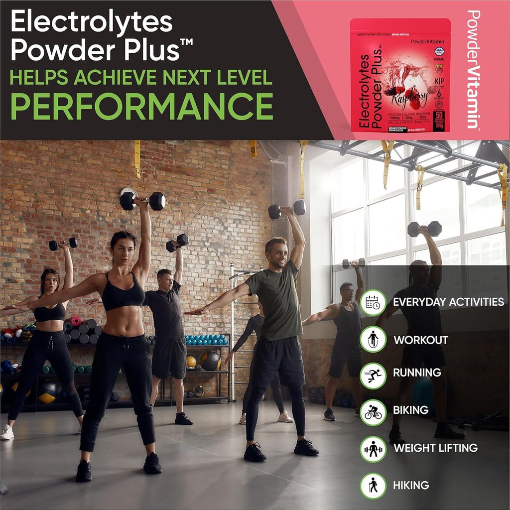 PowderVitamin Electrolytes Powder Plus (50 Servings) Raspberry Electrolyte Powder Zero Calorie Keto, 0 Sugar, No Maltodextrin,1000mg Potassium,120mg Calcium,120mg Magnesium, Hydration Powder