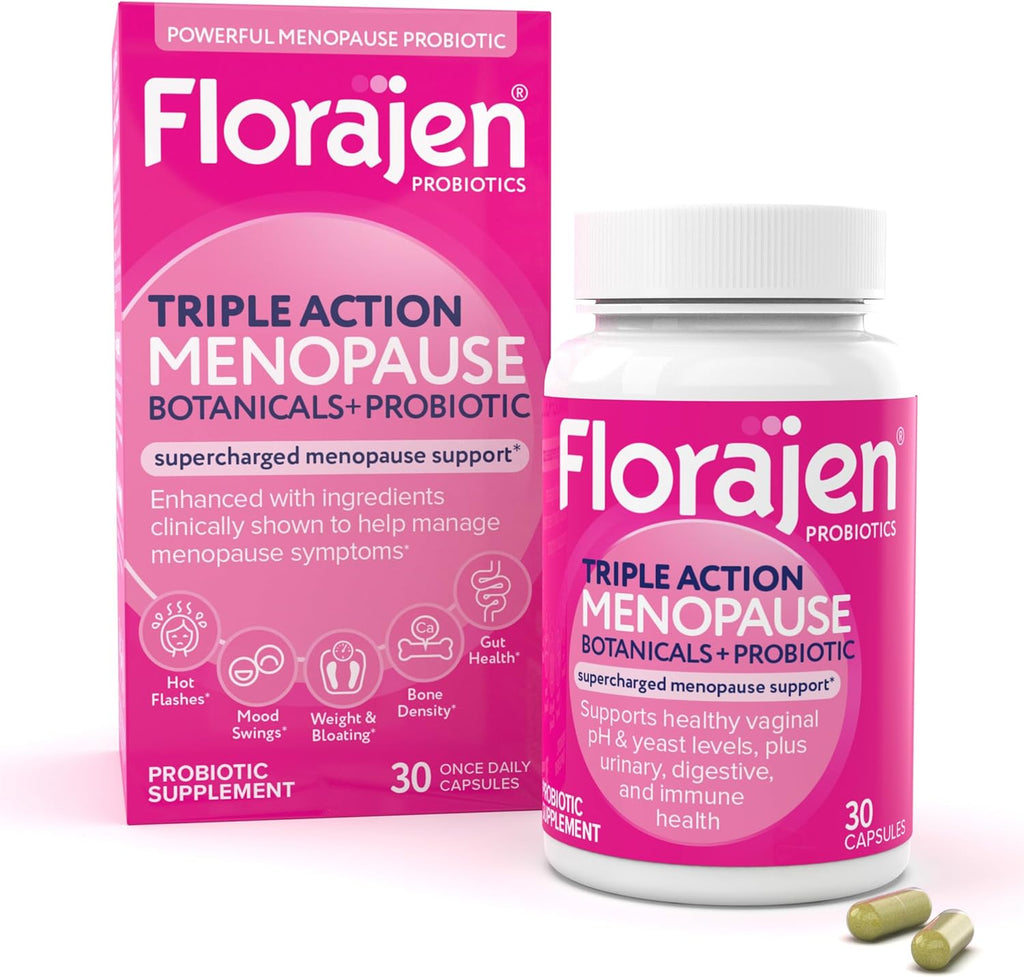 Florajen Triple-Action Menopause Probiotic - Hormonal Balance, Hot Flash, & Mood Swing Relief - Weight Management & Digestive Support - Featuring Berberine, Black Cohosh, & Botanical - 30 Capsules