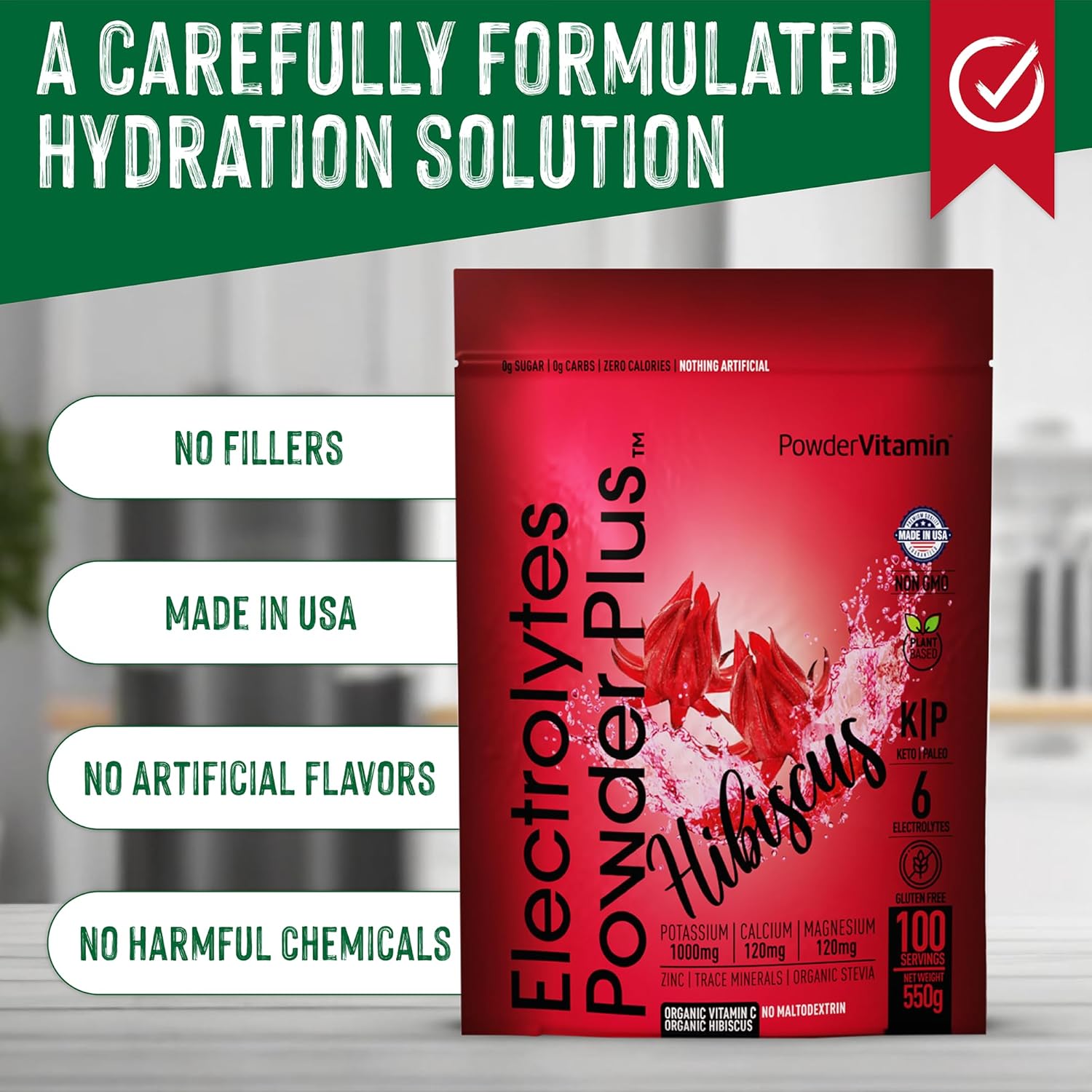 PowderVitamin Electrolytes Powder Plus (100 Servings) Hibiscus Electrolyte Powder Zero Calorie Keto,0 Sugar, No Maltodextrin,1000mg Potassium,120mg Calcium,120mg Magnesium, Hydration Powder