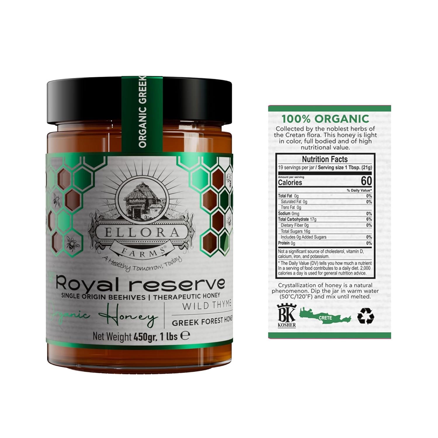 Ellora Farms Organic Honey, Wild Thyme Raw Honey Organic Unfiltered, Preservative and Additive Free, 2025 Paris and Dubai Gold Awards Winner, Gift Pack with Dipper - 450 g