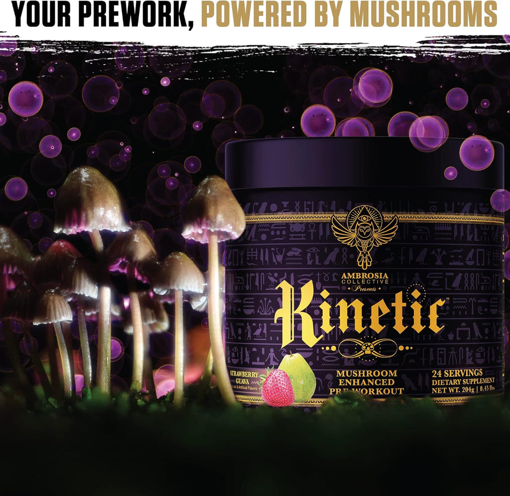 Ambrosia Kinetic Organic Preworkout, Mushroom Enhanced Natural Pre Workout Supplement, Nootropic Superfood Powder for Energy (Strawberry Guava)