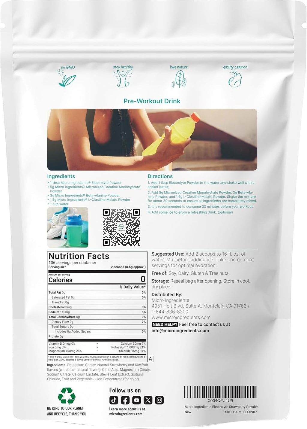 Micro Ingredients Hydration Electrolyte Powder, 2 lbs (106 Servings) | Natural Strawberry Kiwi Flavored Electrolytes | High Potassium 1,000mg | Sugar Free, Drink Mix, Keto Friendly, Non-GMO