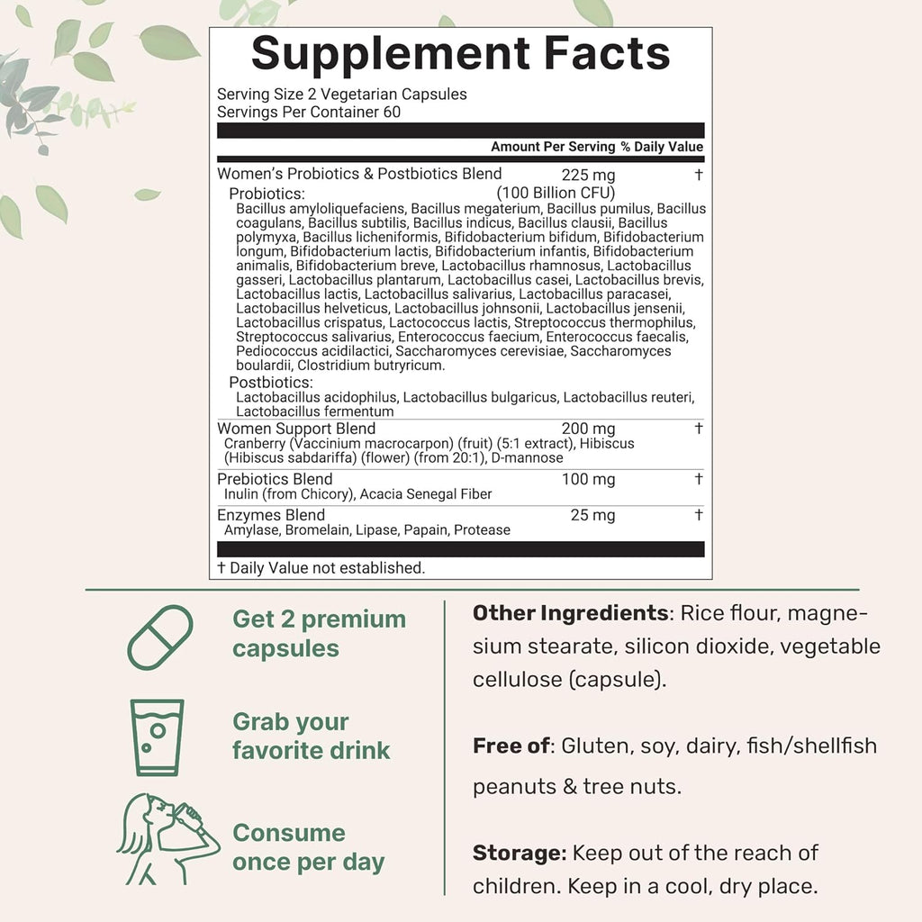 Micro Ingredients Women’s Probiotics 100 Billion CFU, 120 Veggie Capsules | 40 Strains with Cranberry, D-Mannose, Prebiotics & More | Synbiotic & Enzyme Complex | Supports Vaginal Flora & Gut Health