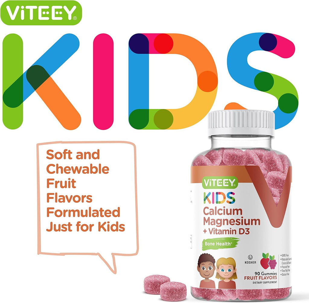 Viteey Kids Calcium Gummies + Vitamin D3 & Magnesium Citrate for Kids and Teens - Supports Bone Health, Immune Support, Energy & Muscle Function - Gluten Free,GMO Free - Tasty Chewable Fruit Flavored