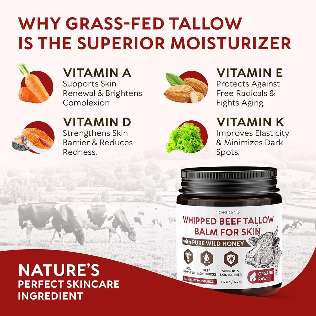Beef Tallow for Skin - Whipped Tallow and Honey Balm - Grass Fed Beef Tallow for Face, Daily Moisturizer & Body Butter - Natural Non Comedogenic Skincare (4.3 oz)