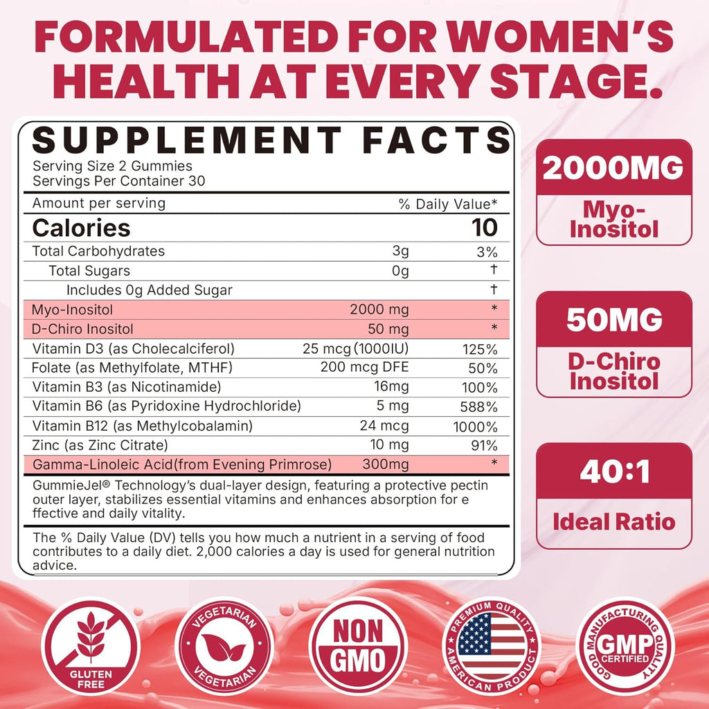Inositol Gummies Supplement with Evening Primrose Oil for Women - 40:1 Ratio Myo-Inositol 2000mg & D-Chiro Inositol 50mg with VIT D3 B12 & Zinc, Sugar-Free for Natural Balance, Vegan (120ct)