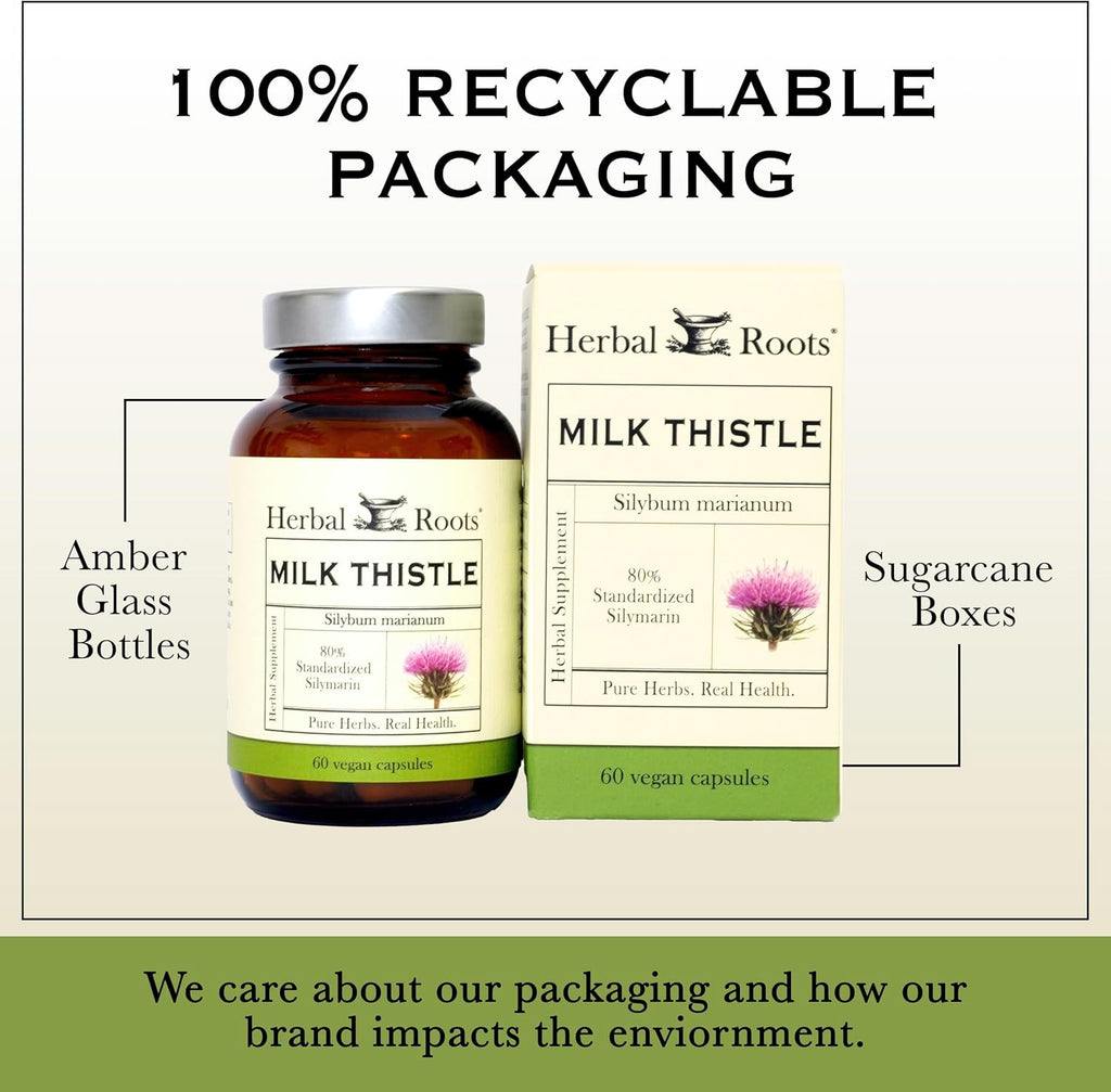 Herbal Roots Milk Thistle Capsules | Extra Strength 80% Silymarin Herbal Supplement | Made with Pure Organic Milk Thistle | Vegan and GMO Free