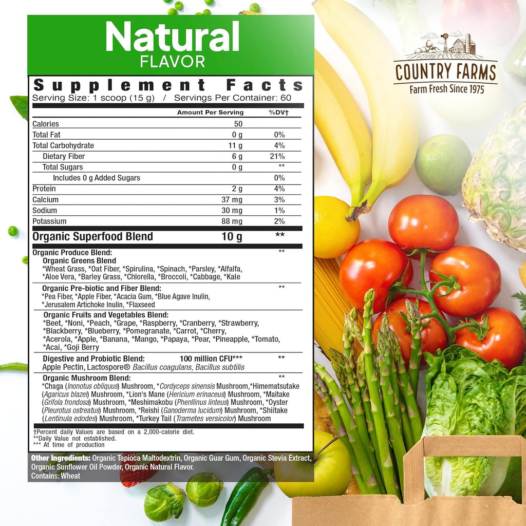 Country Farms Super Greens Natural Flavor, 50 Organic Super Foods, USDA Organic Drink Mix, Fruits, Vegetables, Super Greens, with Fiber, Mushrooms & Probiotics, Supports Energy, 60 Servings, 900g