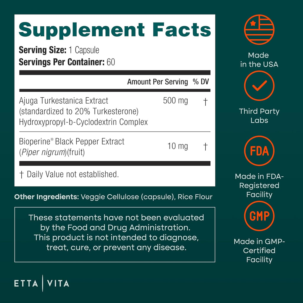 Testosterone Supplement for Men - Extra Strength Turkesterone 500mg (Made in USA, 3rd Party Tested for Purity and Potency) - Natural Test Support for Lean Muscle Growth, Strength, Recovery and Stamina