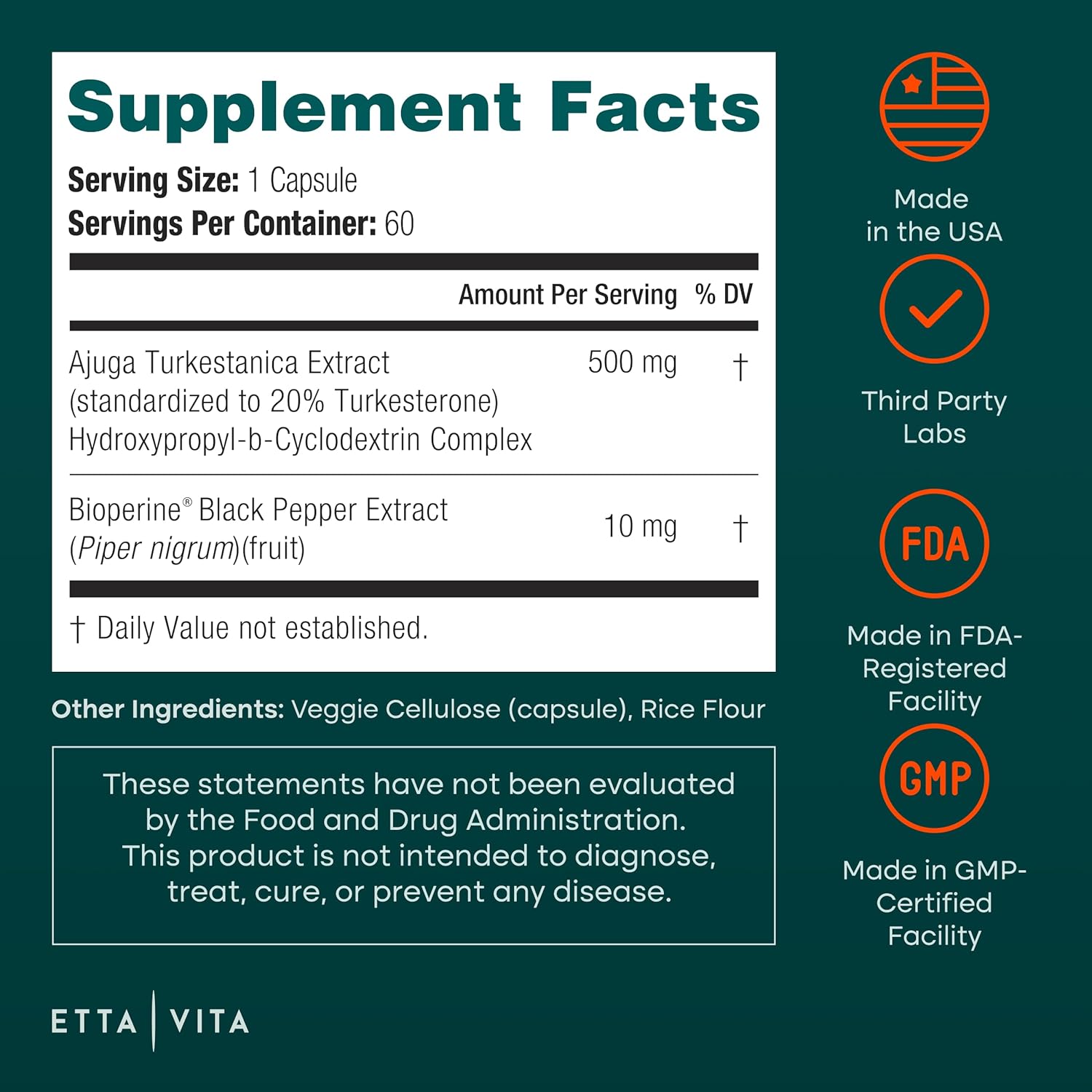 Testosterone Supplement for Men - Extra Strength Turkesterone 500mg (Made in USA, 3rd Party Tested for Purity and Potency) - Natural Test Support for Lean Muscle Growth, Strength, Recovery and Stamina