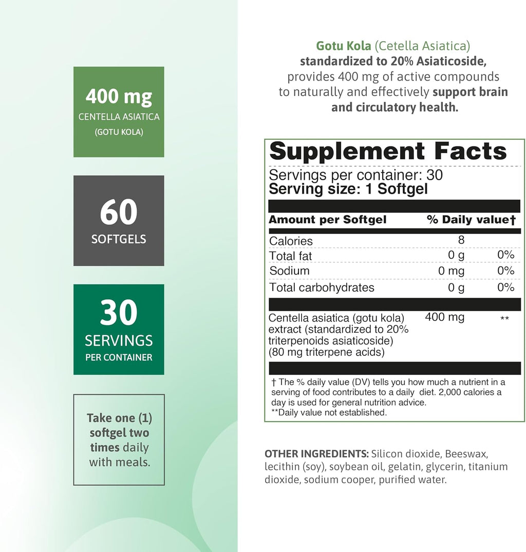Gotu Kola 400mg – Standardized Centella Asiatica Extract with 20% Asiaticosides – Promotes Cognitive Support, Brain Health & Focus – 60 Softgels – Non-GMO, Gluten-Free Formula