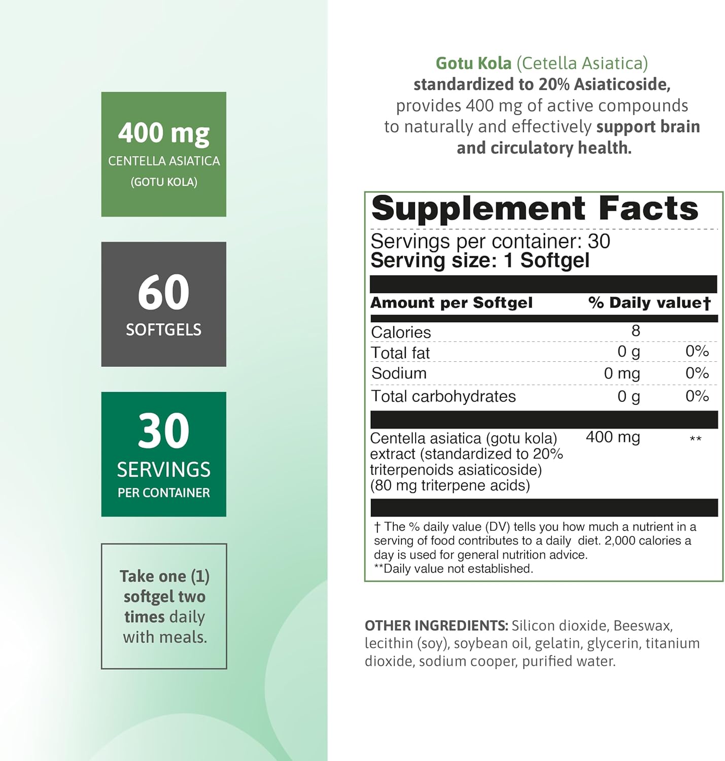 Gotu Kola 400mg – Standardized Centella Asiatica Extract with 20% Asiaticosides – Promotes Cognitive Support, Brain Health & Focus – 60 Softgels – Non-GMO, Gluten-Free Formula