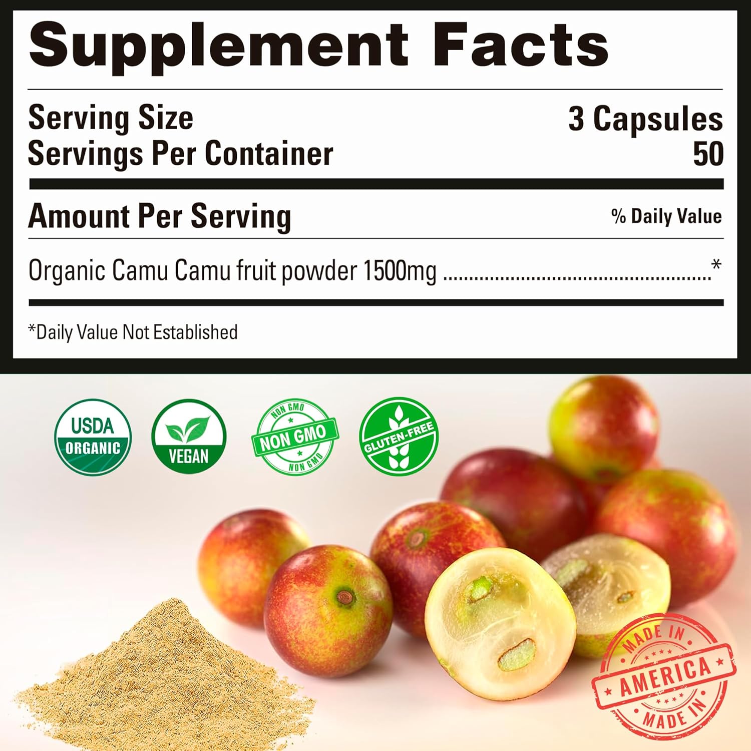 Peruvian Naturals Organic Vitamin C from Camu Camu Capsules 1,500mg - 150 Vegan Pills, Natural Vitamin C from Whole Food Camu Berry Organic, Non-GMO