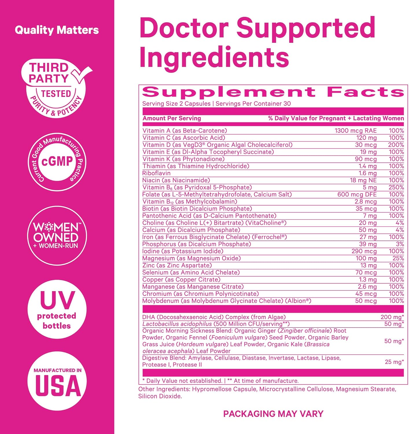 Pink Stork Premium Prenatal Vitamin for Women - Multivitamin & Probiotics - Morning Sickness, Digestion, & Energy - Folate, B6, & Iron - 60 Capsules - 2 Pack