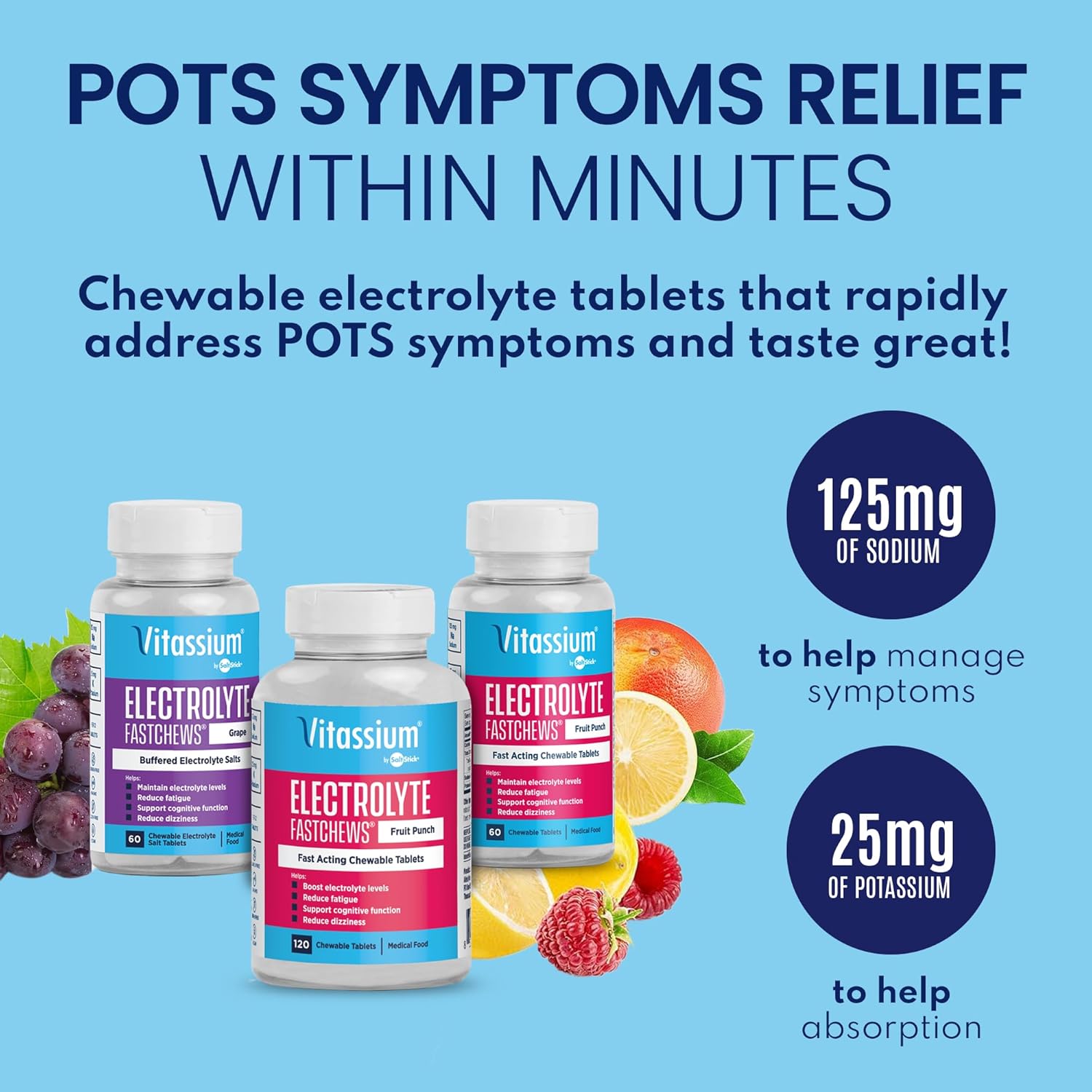 Vitassium FastChews, Chewable Electrolyte Tablets for Management of POTS and High Sodium Diets, Fast-Acting Sodium Tablets, Grape Flavor, 60 Count