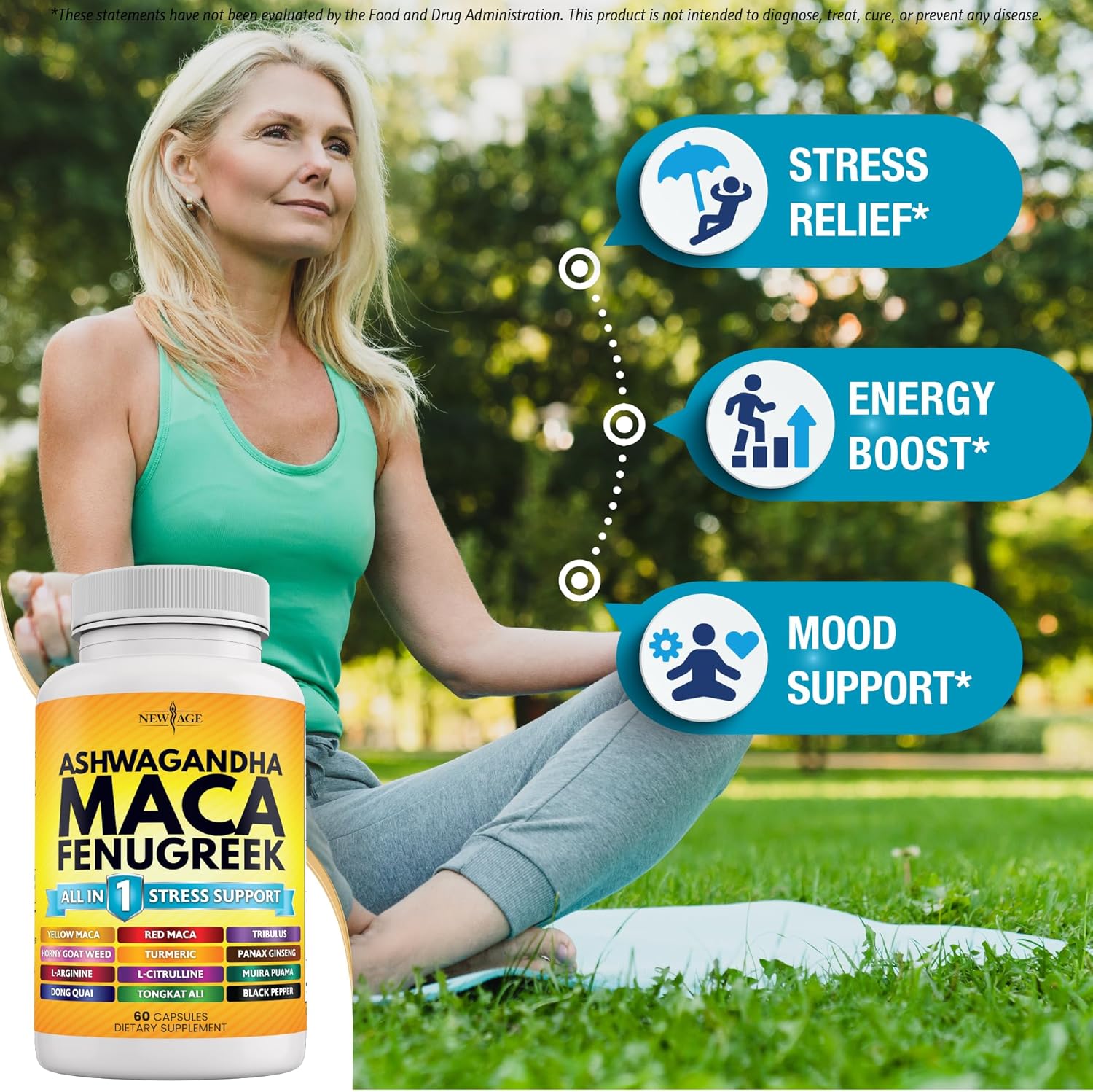 NEW AGE Ashwagandha Maca Root Fenugreek Supplement with Tongkat Ali Ginseng - Assists with Overall Health - Made in USA - 120 Count