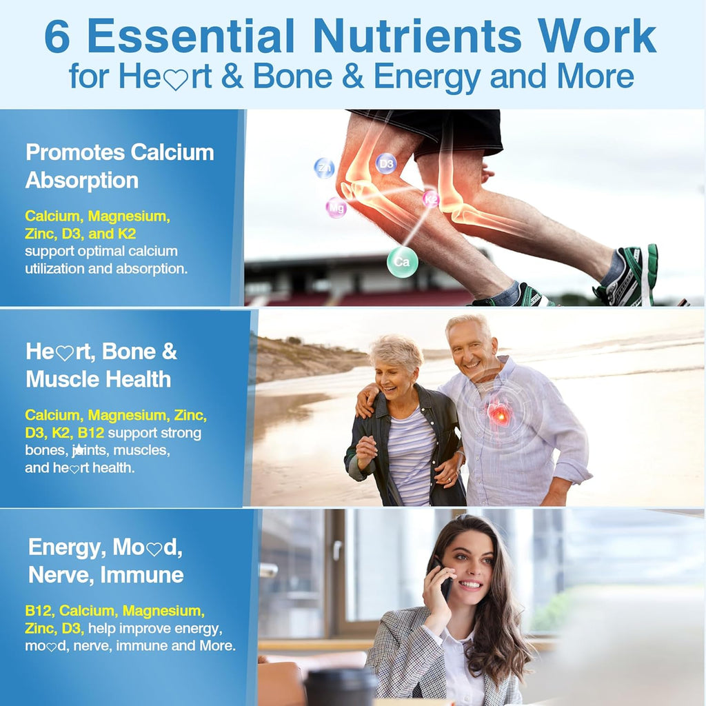 6-in-1 Liposomal Vitamin D3 K2 Calcium Supplement - Plant Based Calcium 600mg with Vegan Vitamin D3 5000 iu + Vitamin K K2 MK7 + B12, Algae Ca-lcium Magnesium Zinc for Bone, Softgels, 2 Pack