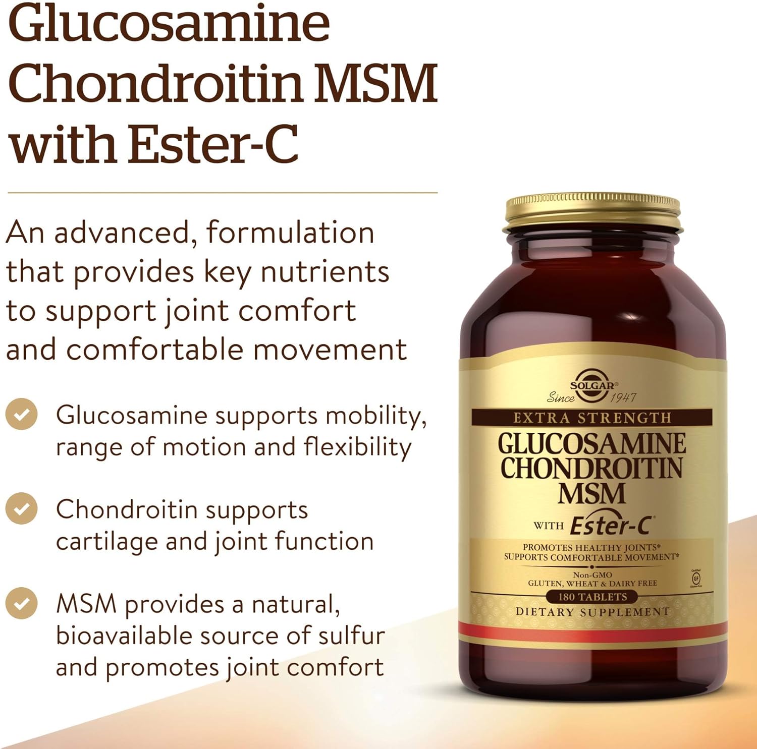 Solgar Extra Strength Glucosamine Chondroitin MSM w/ Ester-C, 180 Tablets - Promotes Healthy Joints, Supports Comfortable Movement & Collagen Formation - Non-GMO, Gluten No, Dairy No - 60 Servings