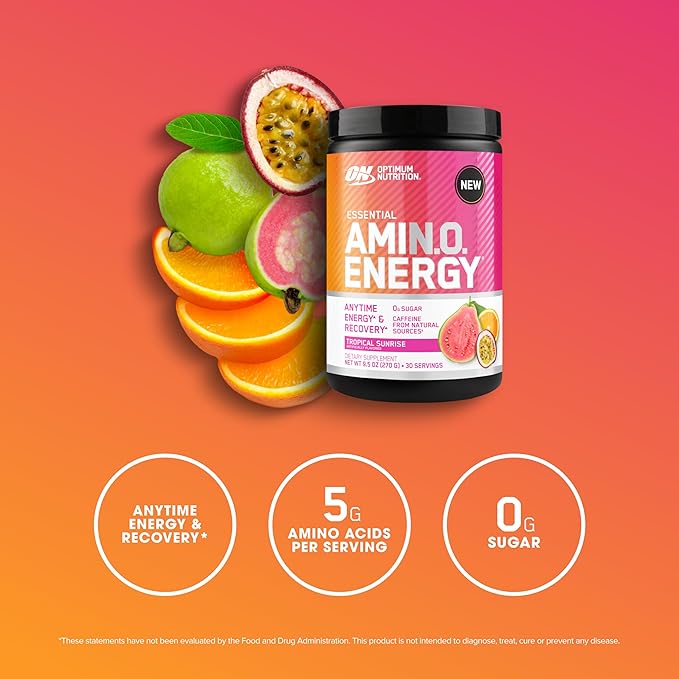 Optimum Nutrition Amino Energy Powder – Energy & Focus Pre Workout with Amino Acids, BCAA, Green Tea Caffeine & Coffee, Muscle Recovery Support – Tropical Sunrise, 30 Servings (Packaging May Vary)