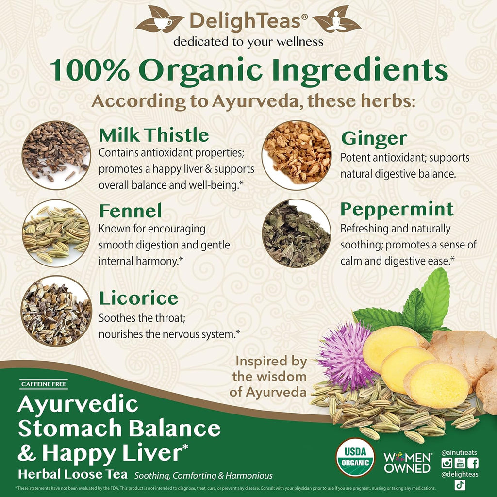 DelighTeas Stomach & Liver Tea | Ayurvedic Herbal Blend for Digestion | Organic Milk Thistle, Fennel, Ginger, Peppermint & Licorice | Vegan, Caffeine-Free, Sugar-Free | Loose Leaf, 50 Servings, 5oz