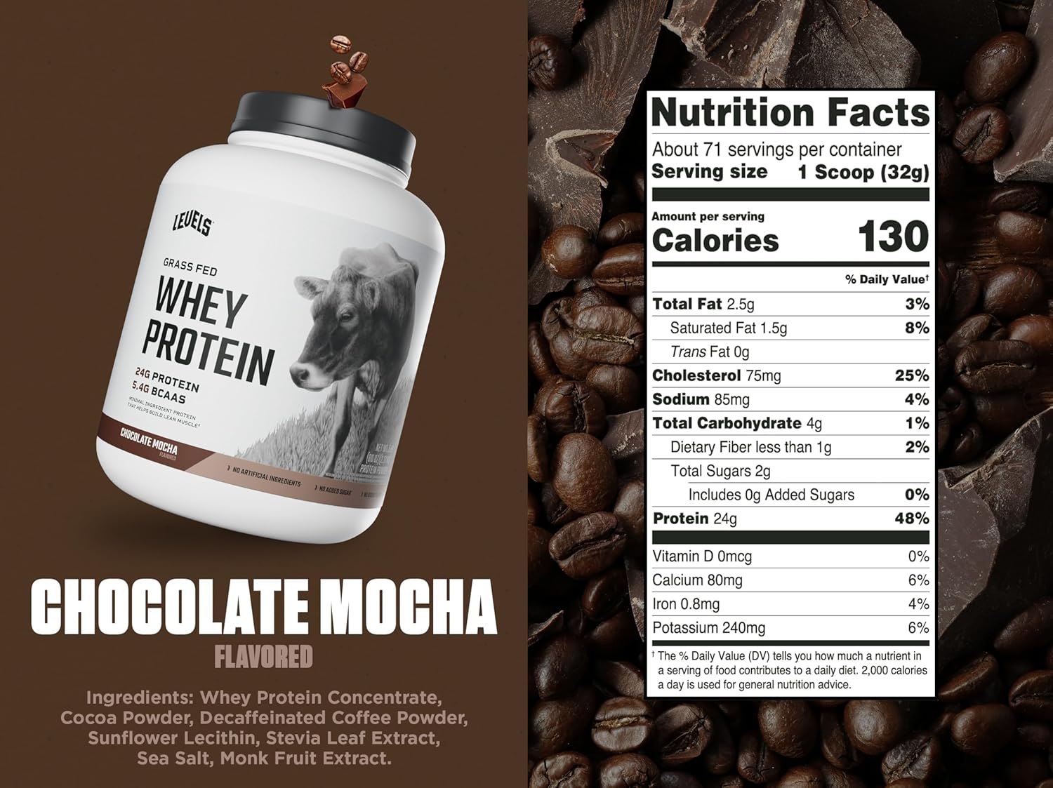 Levels Grass Fed Whey Protein Powder, No Artificials, 24G of Protein, Chocolate Mocha, 5LB